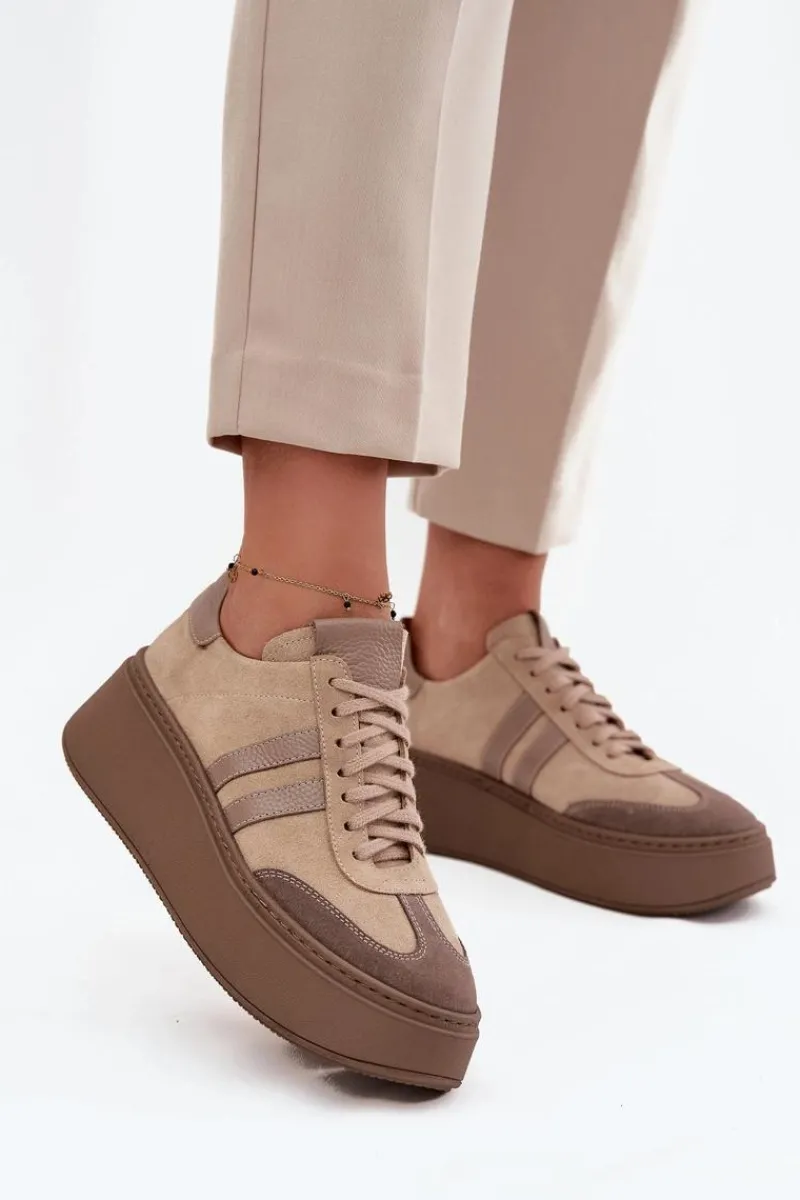 Clearance Zazoo Skórzane Zamszowe Sneakersy Damskie Na Platformie 3775 Beżowe Beżowy