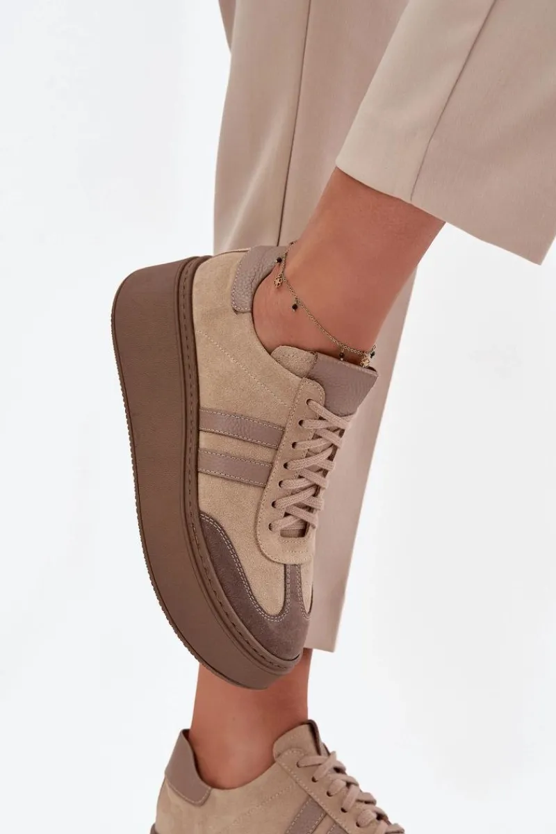 Clearance Zazoo Skórzane Zamszowe Sneakersy Damskie Na Platformie 3775 Beżowe Beżowy