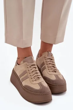 Clearance Zazoo Skórzane Zamszowe Sneakersy Damskie Na Platformie 3775 Beżowe Beżowy