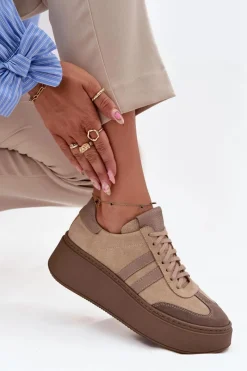 Clearance Zazoo Skórzane Zamszowe Sneakersy Damskie Na Platformie 3775 Beżowe Beżowy