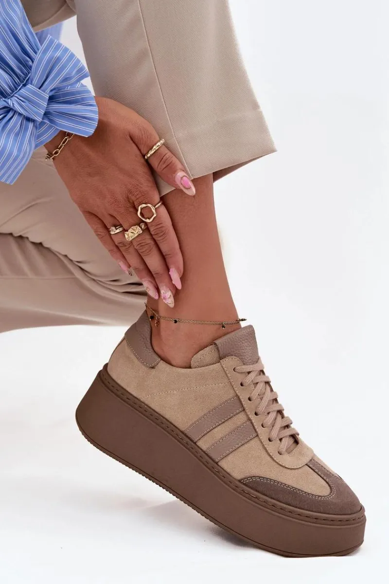 Clearance Zazoo Skórzane Zamszowe Sneakersy Damskie Na Platformie 3775 Beżowe Beżowy