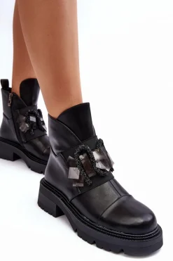 Clearance Skórzane Zdobione Botki Na Płaskim Obcasie I Platformie S.Barski MR870-46 Czarne Damskie Botki Ocieplane|Czarne Botki
