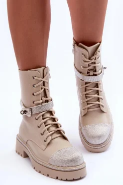 Botki Ocieplane|Damskie Trapery>Boto Skórzane Zdobione Botki Workery Damskie Beżowe Totah Beżowy