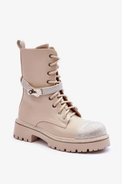 Botki Ocieplane|Damskie Trapery>Boto Skórzane Zdobione Botki Workery Damskie Beżowe Totah Beżowy