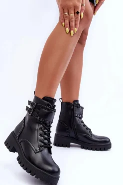 Sale Boto Skórzane Zdobione Botki Workery Czarne Carshena