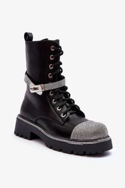 Damskie Trapery|Botki Sznurowane>Boto Skórzane Zdobione Botki Workery Damskie Czarne Totah