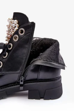 Hot Boto Skórzane Zdobione Niskie Botki Na Płaskim Obcasie Czarne Binga