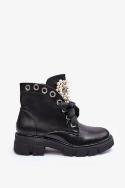 Hot Boto Skórzane Zdobione Niskie Botki Na Płaskim Obcasie Czarne Binga