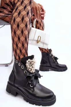 Hot Boto Skórzane Zdobione Niskie Botki Na Płaskim Obcasie Czarne Binga