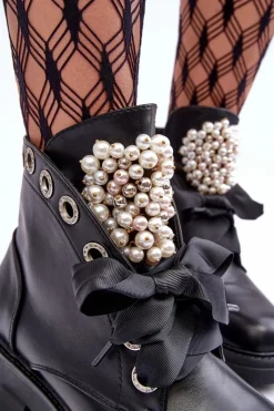 Hot Boto Skórzane Zdobione Niskie Botki Na Płaskim Obcasie Czarne Binga