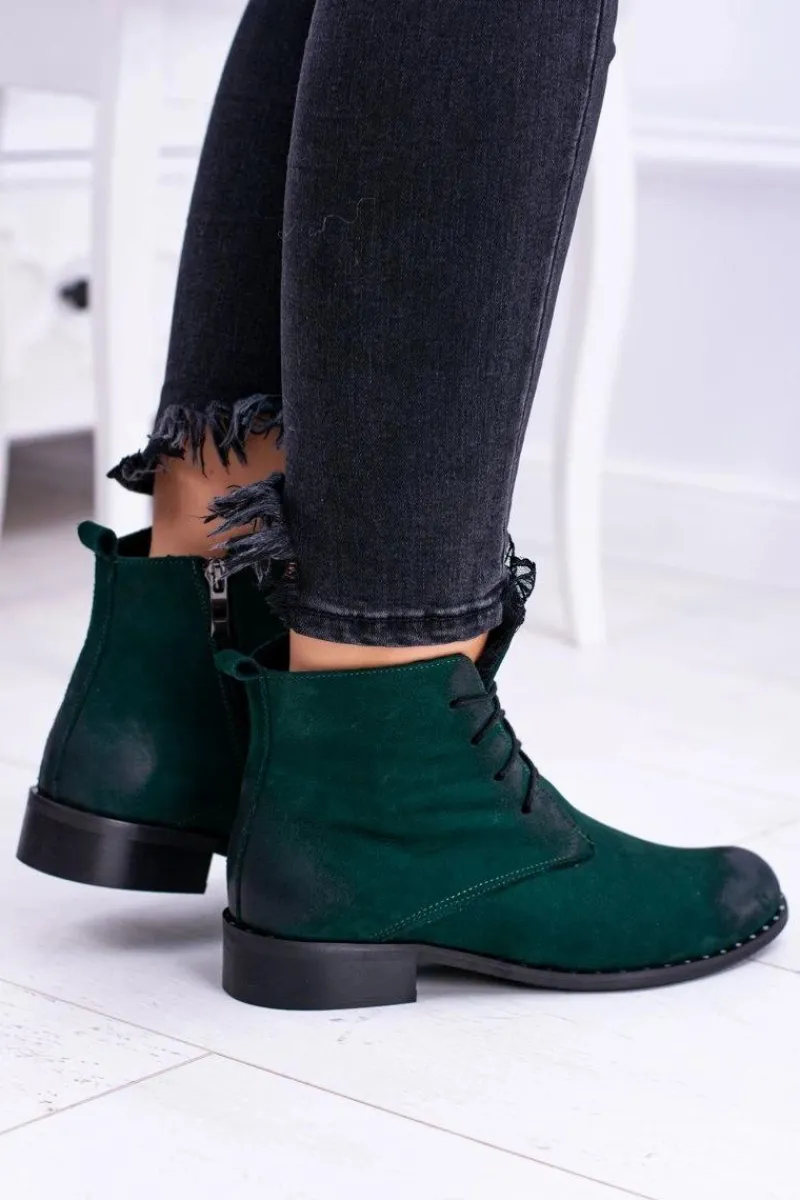 Sale Boto Skórzane Zielone Damskie Botki Z Koronką Millano