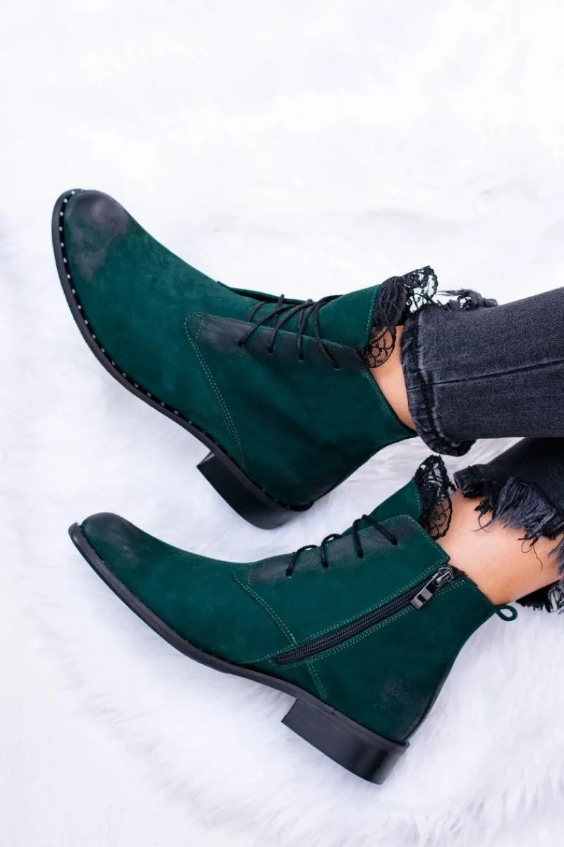 Sale Boto Skórzane Zielone Damskie Botki Z Koronką Millano