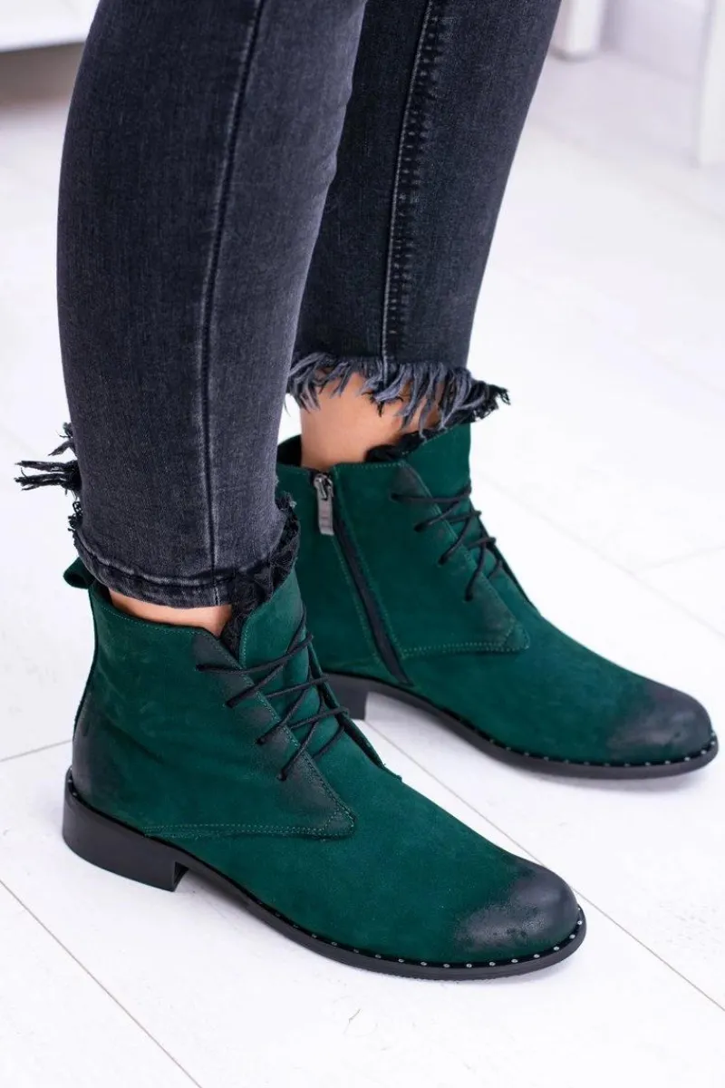 Sale Boto Skórzane Zielone Damskie Botki Z Koronką Millano