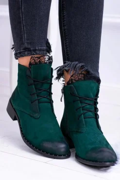 Sale Boto Skórzane Zielone Damskie Botki Z Koronką Millano