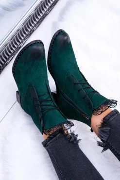 Sale Boto Skórzane Zielone Damskie Botki Z Koronką Millano