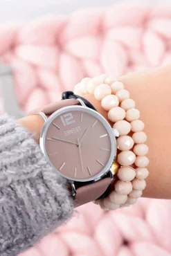 Zegarki>Ernest Skórzany Brązowy Damski Zegarek Srebrna Koperta