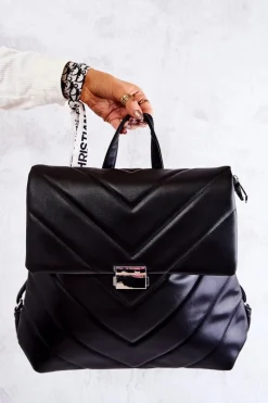 Plecaki>Boto Skórzany Duży Pikowany Plecak Czarny Gwendie