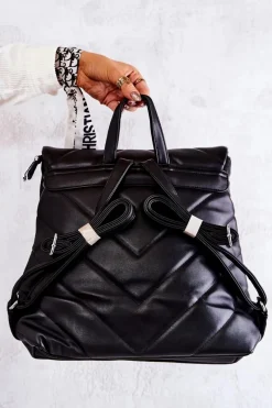 Plecaki>Boto Skórzany Duży Pikowany Plecak Czarny Gwendie