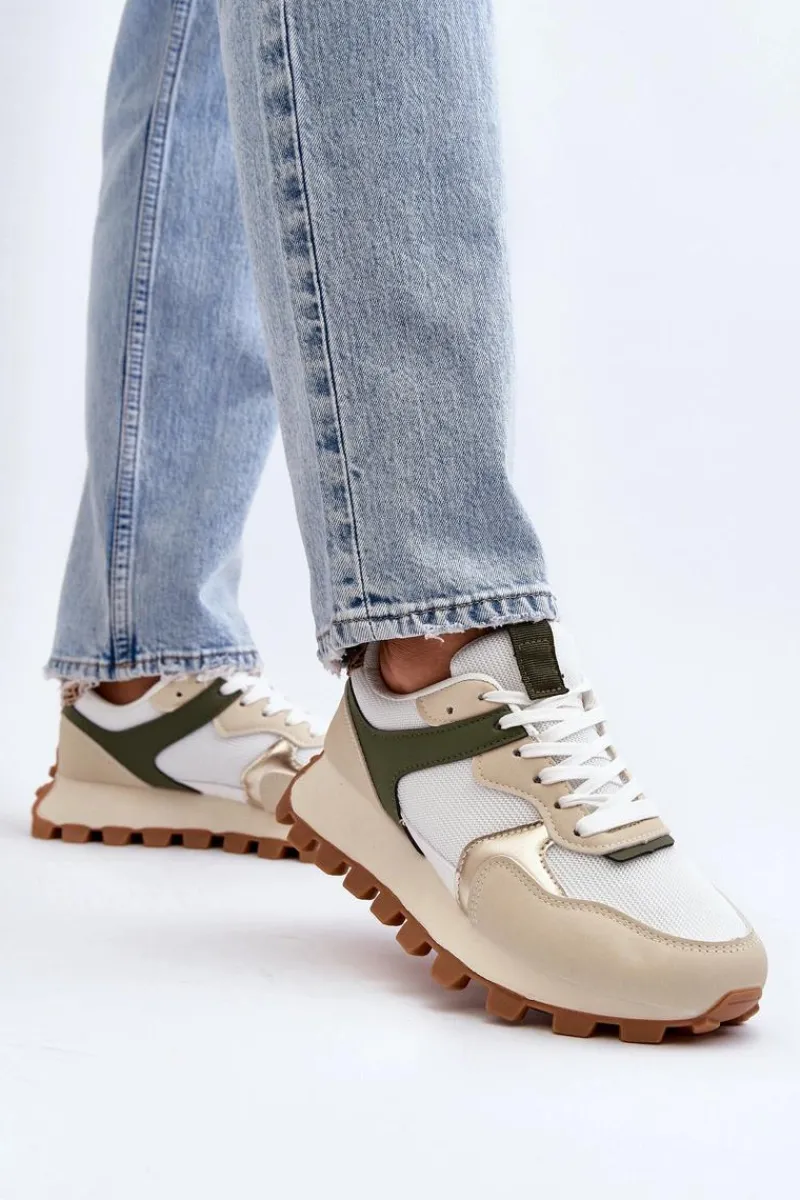 Sneakersy Damskie>Boto Sneakersy Buty Sportowe Damskie Beżowo-Zielone Ralita Beżowy