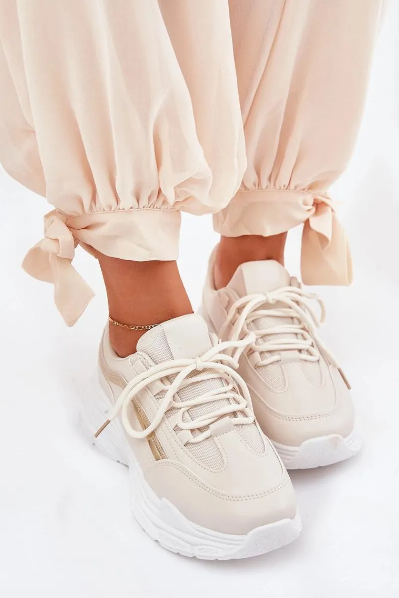 Sale Sneakersy Buty Sportowe Damskie Na Grubej Podeszwie Beżowe Lerila Damskie Buty Sportowe Na Platformie|Sneakersy Damskie