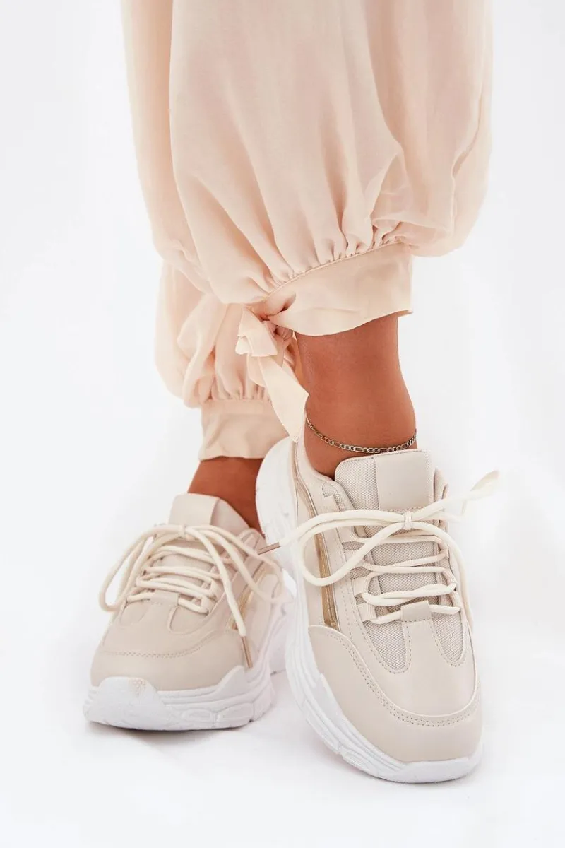 Sale Sneakersy Buty Sportowe Damskie Na Grubej Podeszwie Beżowe Lerila Damskie Buty Sportowe Na Platformie|Sneakersy Damskie