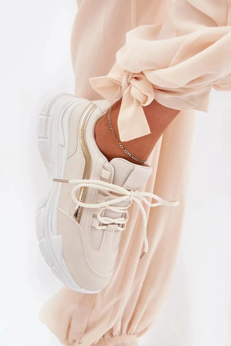 Sale Sneakersy Buty Sportowe Damskie Na Grubej Podeszwie Beżowe Lerila Damskie Buty Sportowe Na Platformie|Sneakersy Damskie