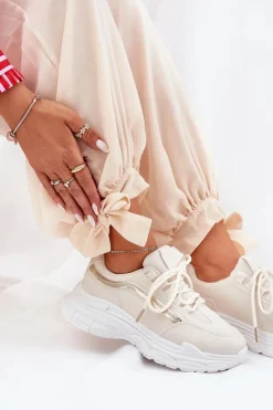 Sale Sneakersy Buty Sportowe Damskie Na Grubej Podeszwie Beżowe Lerila Damskie Buty Sportowe Na Platformie|Sneakersy Damskie