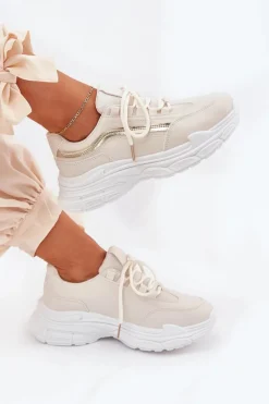 Sale Sneakersy Buty Sportowe Damskie Na Grubej Podeszwie Beżowe Lerila Damskie Buty Sportowe Na Platformie|Sneakersy Damskie