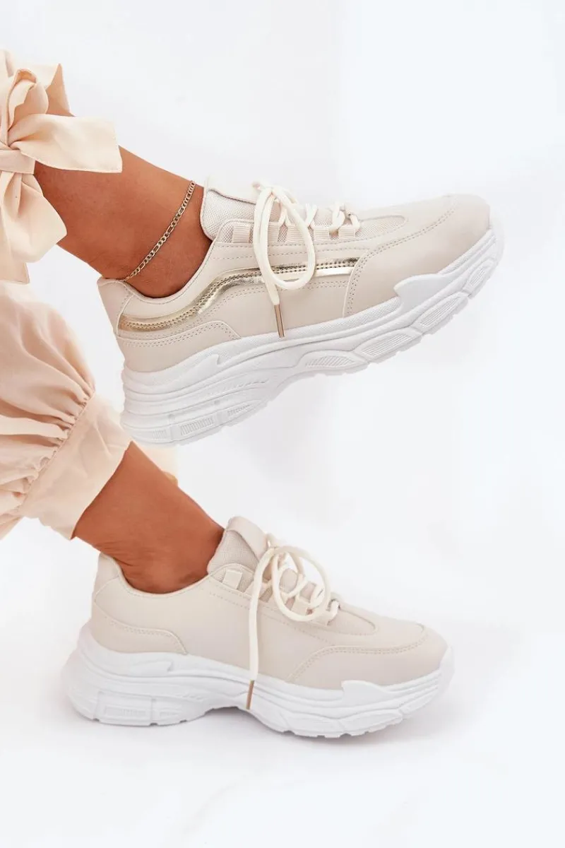 Sale Sneakersy Buty Sportowe Damskie Na Grubej Podeszwie Beżowe Lerila Damskie Buty Sportowe Na Platformie|Sneakersy Damskie