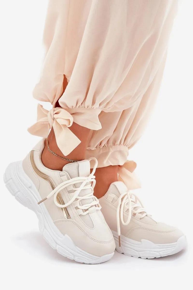 Sale Sneakersy Buty Sportowe Damskie Na Grubej Podeszwie Beżowe Lerila Damskie Buty Sportowe Na Platformie|Sneakersy Damskie