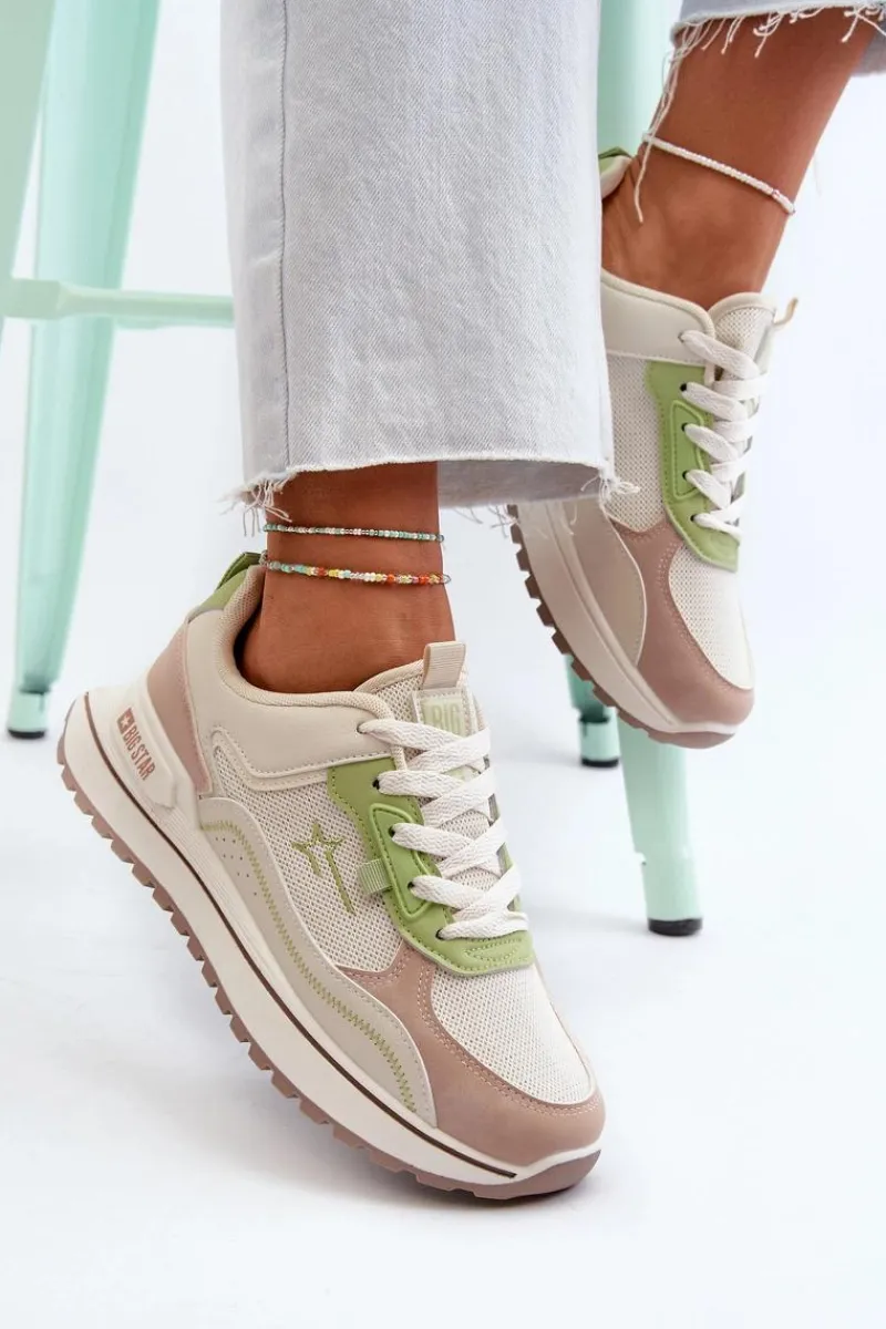 New Big Star Shoes Sneakersy Damskie Big Star NN274A091 Beżowo-Zielone
