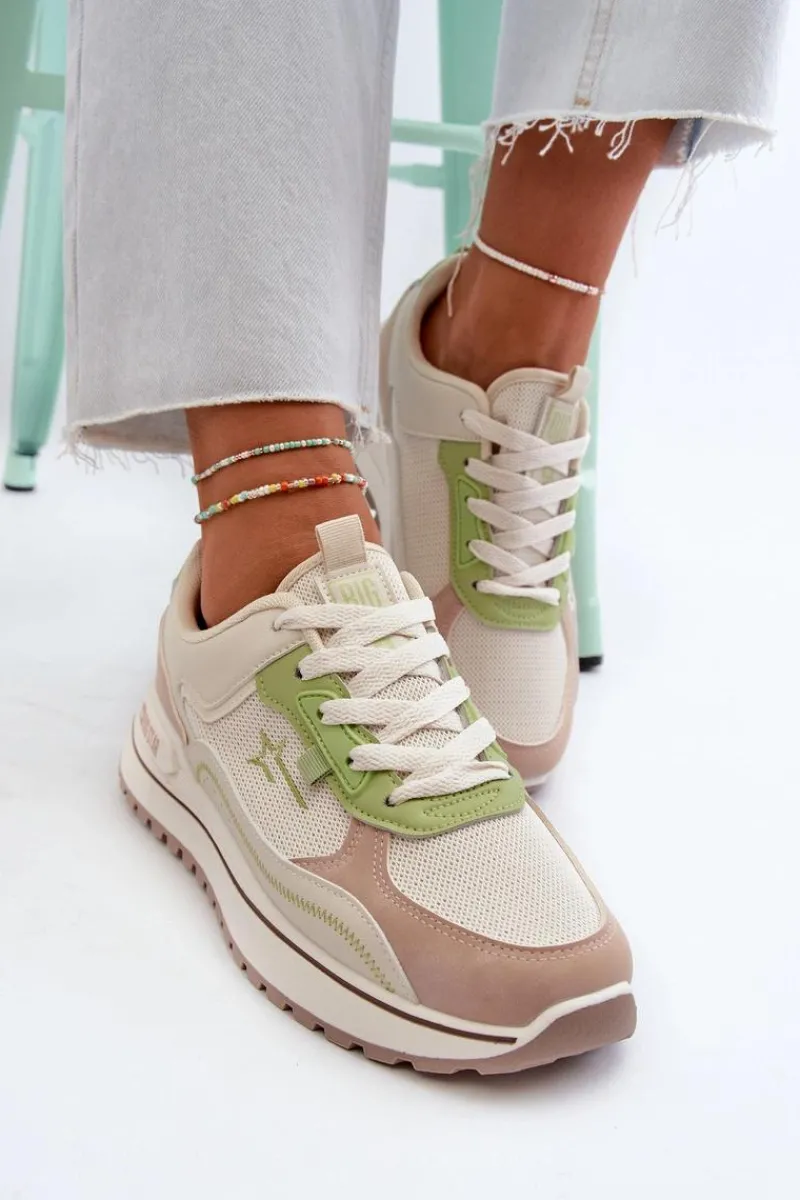 New Big Star Shoes Sneakersy Damskie Big Star NN274A091 Beżowo-Zielone