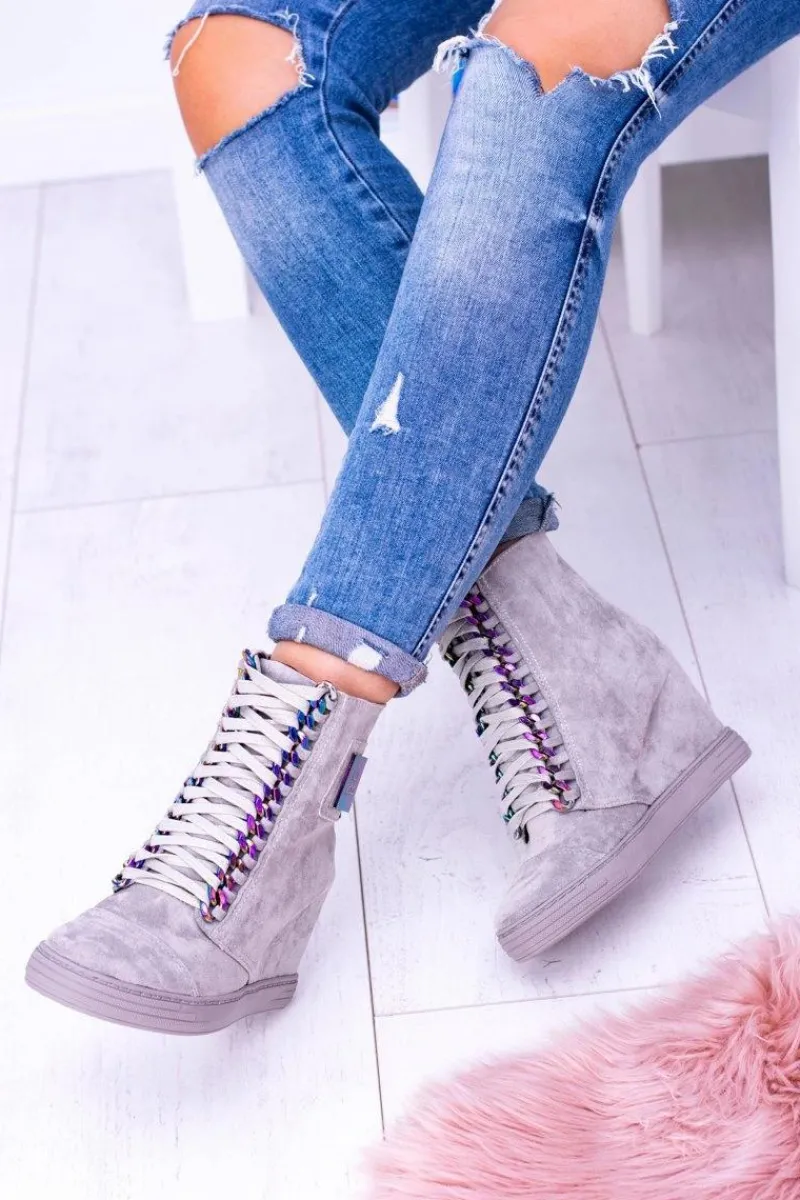 Outlet Sneakersy damskie Lu Boo Szare Zamszowe z Opalizującymi Łańcuchami Monica Damskie Sneakersy Damskie