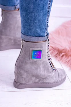 Outlet Sneakersy damskie Lu Boo Szare Zamszowe z Opalizującymi Łańcuchami Monica Damskie Sneakersy Damskie