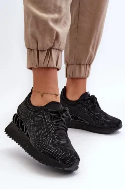 Hot Damskie buty S.Barski Sneakersy Damskie Na Koturnie Zdobione Cyrkoniami D&A MR38-377 Czarne