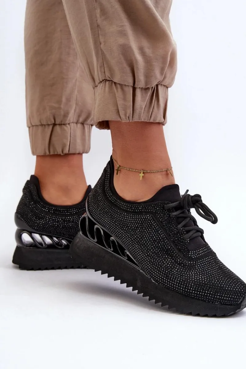 Hot Damskie buty S.Barski Sneakersy Damskie Na Koturnie Zdobione Cyrkoniami D&A MR38-377 Czarne