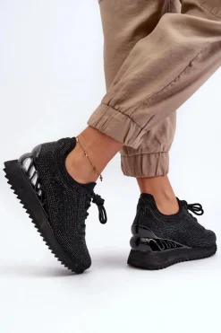 Hot Damskie buty S.Barski Sneakersy Damskie Na Koturnie Zdobione Cyrkoniami D&A MR38-377 Czarne