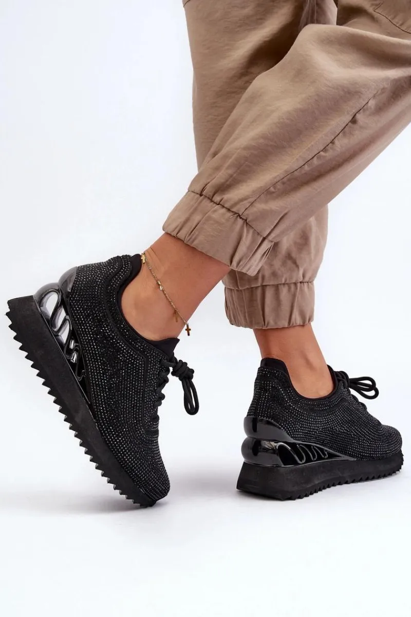 Hot Damskie buty S.Barski Sneakersy Damskie Na Koturnie Zdobione Cyrkoniami D&A MR38-377 Czarne