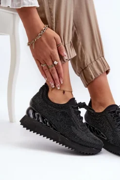 Hot Damskie buty S.Barski Sneakersy Damskie Na Koturnie Zdobione Cyrkoniami D&A MR38-377 Czarne