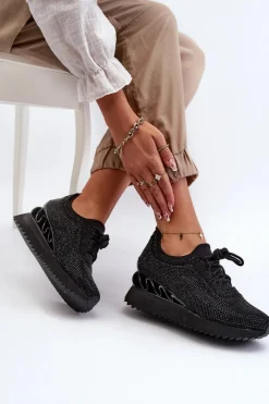 Hot Damskie buty S.Barski Sneakersy Damskie Na Koturnie Zdobione Cyrkoniami D&A MR38-377 Czarne