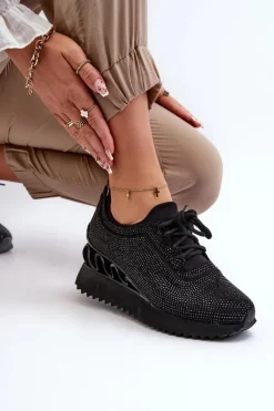 Hot Damskie buty S.Barski Sneakersy Damskie Na Koturnie Zdobione Cyrkoniami D&A MR38-377 Czarne