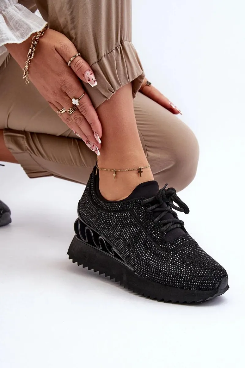 Hot Damskie buty S.Barski Sneakersy Damskie Na Koturnie Zdobione Cyrkoniami D&A MR38-377 Czarne