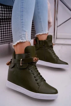 Sneakersy Damskie>Boto Sneakersy Damskie Na Koturnie Złota Kłódka Oliwkowe Tersey