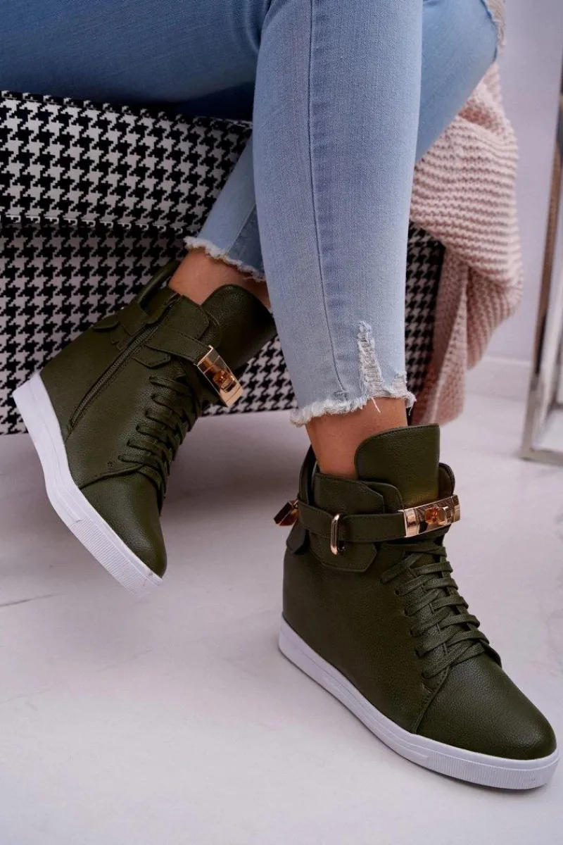 Sneakersy Damskie>Boto Sneakersy Damskie Na Koturnie Złota Kłódka Oliwkowe Tersey