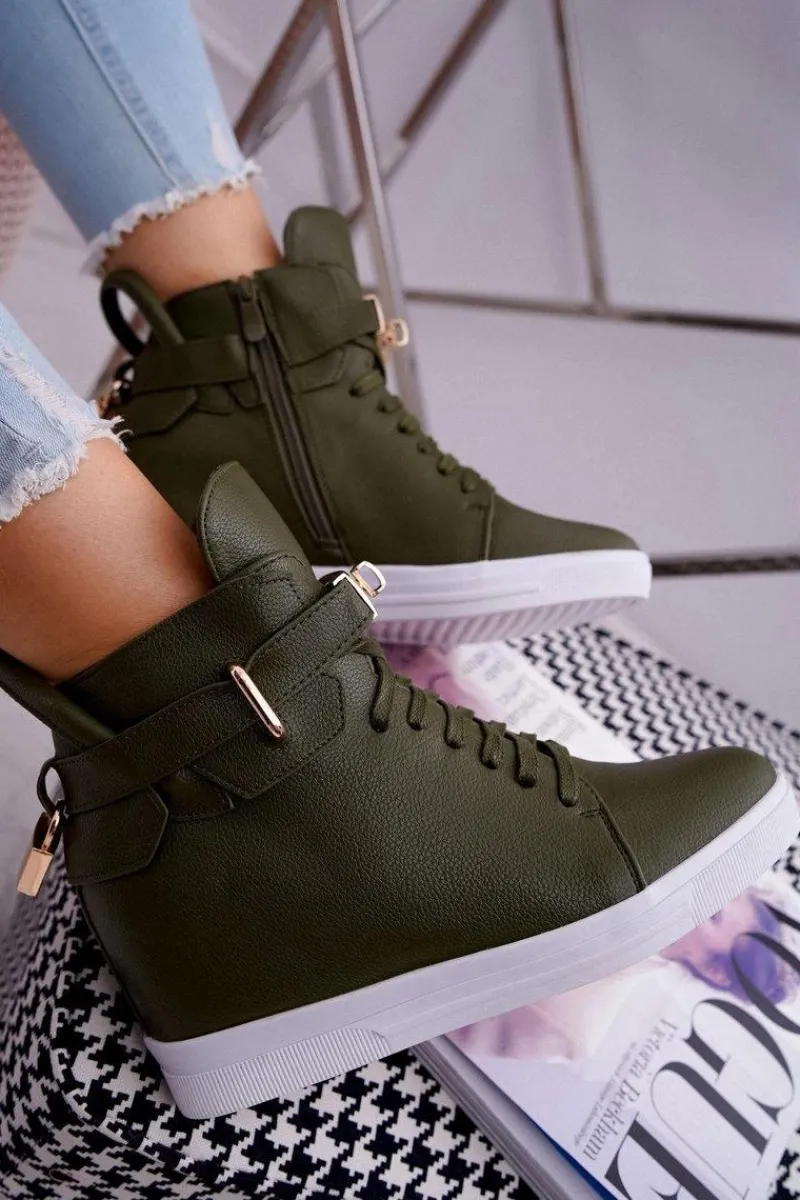 Sneakersy Damskie>Boto Sneakersy Damskie Na Koturnie Złota Kłódka Oliwkowe Tersey