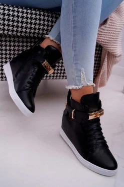 Online Boto Sneakersy Damskie Na Koturnie Złota Kłódka Czarne Tersey