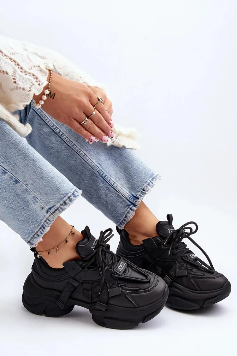 Outlet Sneakersy Damskie Na Masywnej Podeszwie Czarne Windamella Damskie Sneakersy Damskie