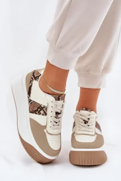 Sneakersy Damskie Na Masywnej Platformie Zwierzęcy Wzór Beżowe Telanila Damskie Buty Sportowe Na Platformie|Sneakersy Damskie