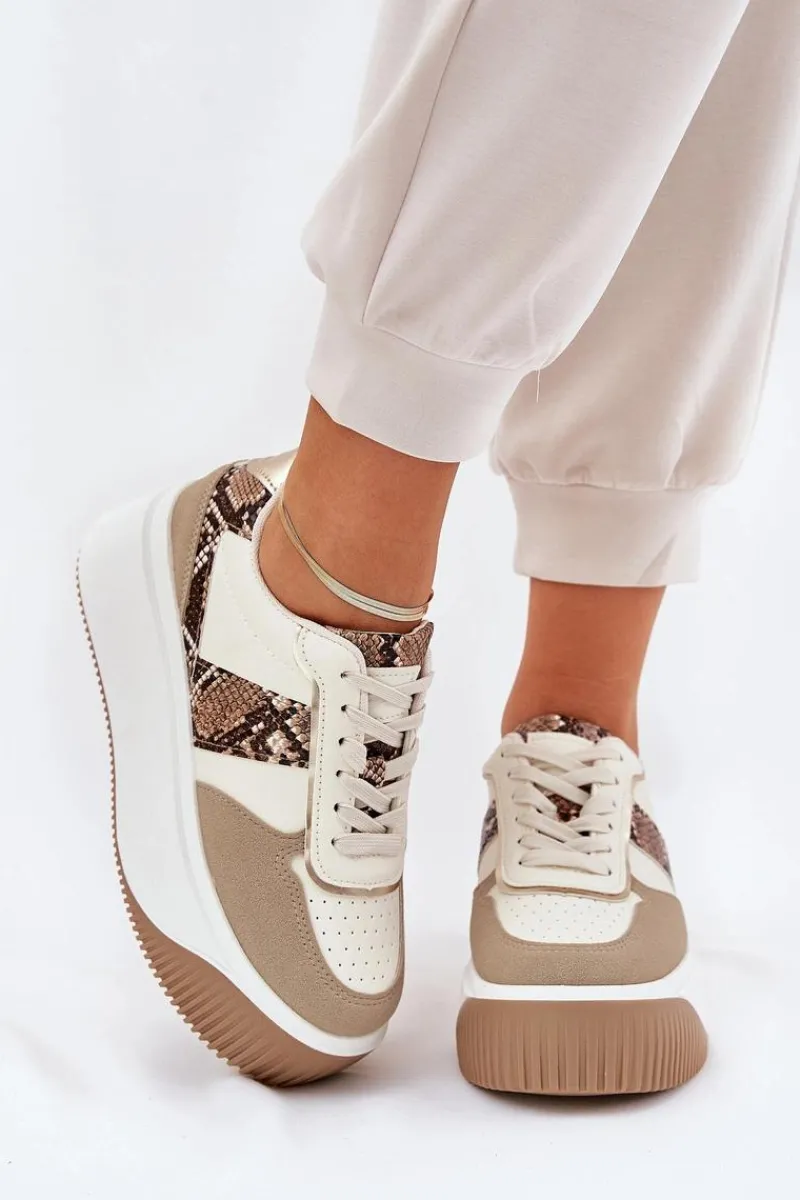 Sneakersy Damskie Na Masywnej Platformie Zwierzęcy Wzór Beżowe Telanila Damskie Buty Sportowe Na Platformie|Sneakersy Damskie