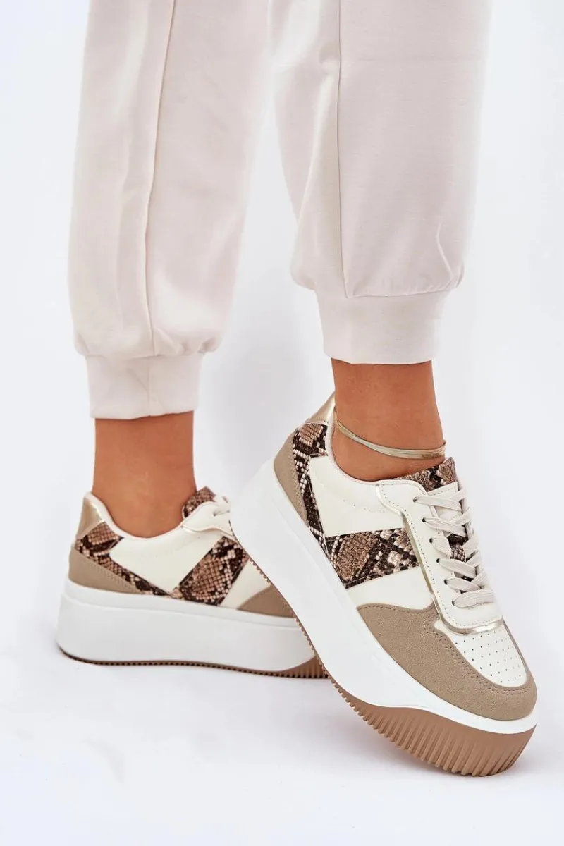 Sneakersy Damskie Na Masywnej Platformie Zwierzęcy Wzór Beżowe Telanila Damskie Buty Sportowe Na Platformie|Sneakersy Damskie